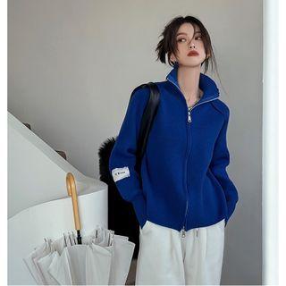 Zipper-details High-neck Cardigan Blue - One Size