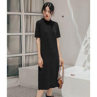 Plain Short-sleeve Knit Dress Black - One Size