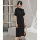 Plain Short-sleeve Knit Dress Black - One Size