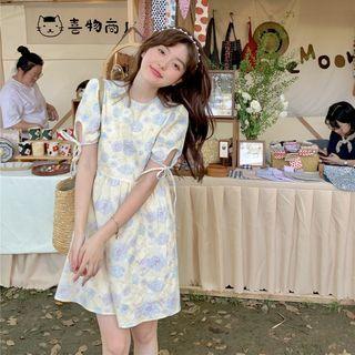 Puff-sleeve Floral Mini A-line Dress Floral - Almond & Blue - One Size