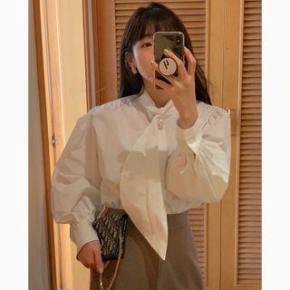 Tie-neck Plain Shirt White - One Size