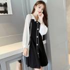 Long-sleeve Color Block Buttoned A-line Mini Dress