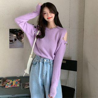 Plain Round-neck Long-sleeve Cutout Sweater