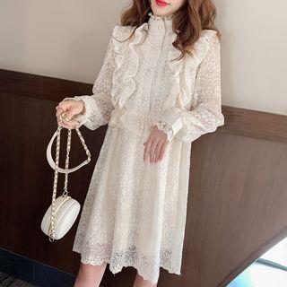 Long-sleeve Ruffle A-line Lace Dress Beige - One Size