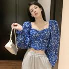 Long-sleeve Floral Print Cropped Blouse White Floral - Blue - One Size