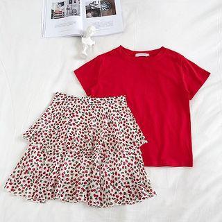 Plain Crewneck Short-sleeve Top / Cherry Printed Chiffon Skirt