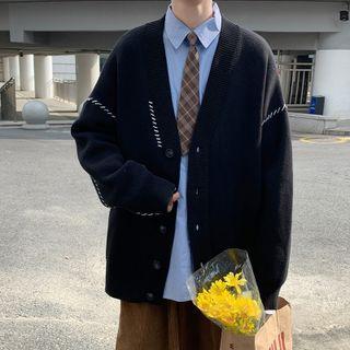 Contrast Stitching Cardigan / Wide Leg Pants / Set