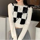 Checkerboard Cropped Knit Top Checkerboard - Black & White - One Size