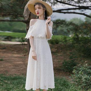 Short-sleeve Off-shoulder Lace A-line Midi Dress