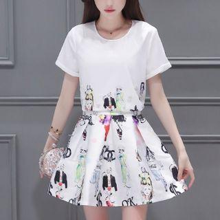 Set: Short-sleeve Print Top + Print Pleated Skirt