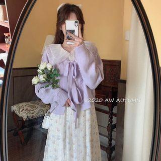Long-sleeve Floral Print Midi Dress / Ribbon Cardigan