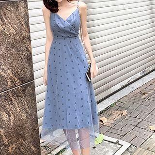 Spaghetti Strap Dotted Midi Mesh Dress