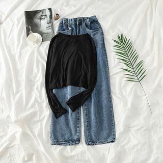 Set: Plain Cropped T-shirt + Straight-leg Pants