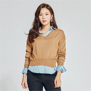 Wide-cuff Ruffle-trim Knit Top