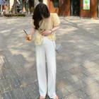 Set: Puff-sleeve Shirred Blouse + Wide Leg Pants