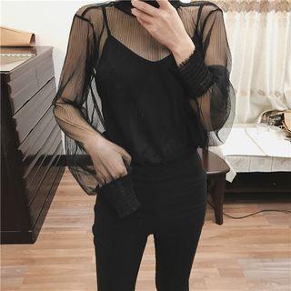 Set: Mock-neck Mesh Long-sleeve Top + Camisole Top