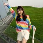 Rainbow-stripe Top / Zipper Denim Shorts