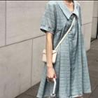 Puff-sleeve Open-placket Button Midi Dress