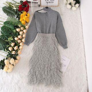 Set: Halter Sweater + Midi Furry A-line Skirt Sweater - Gray - One Size / Skirt - Gray - One Size