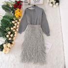 Set: Halter Sweater + Midi Furry A-line Skirt Sweater - Gray - One Size / Skirt - Gray - One Size
