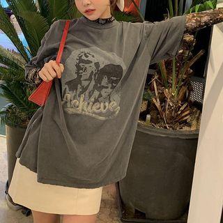 Elbow-sleeve Print T-shirt / Long-sleeve Lace Top