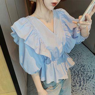 Elbow-sleeve V-neck Striped Ruffled Blouse