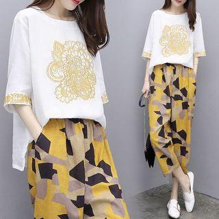 Set: 3/4-sleeve Embroidered T-shirt + Cropped Pants