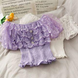 Boatneck Smocked-waist Lace Crop Top