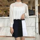 Plain Long Sleeve Chiffon Top / Color Panel Mini Skirt