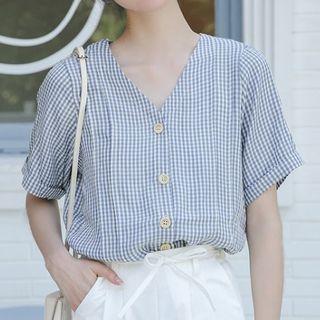 Elbow-sleeve Button-up Plaid Blouse