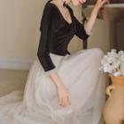 Velvet Panel Long-sleeve Midi A-line Mesh Dress