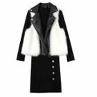 Set: Long-sleeve Knit Dress + Fleece-trim Faux Leather Zip Vest