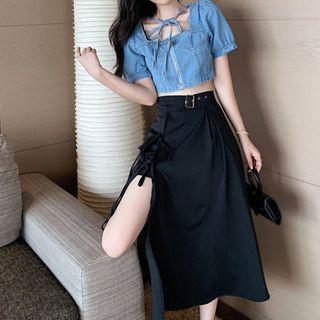 Short Sleeve Square Neck Denim Cropped Top / Slit High Waist A-line Skirt