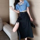 Short Sleeve Square Neck Denim Cropped Top / Slit High Waist A-line Skirt