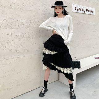 Lace Trim Asymmetrical Midi A-line Skirt