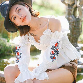 Embroidered Frill Trim Spaghetti Strap Long-sleeve Top