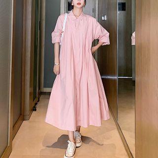 Long Sleeve Plain Pleated Midi Shirtdress