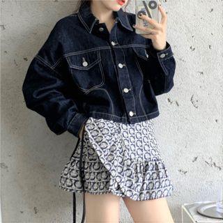 Pocket-detail Long-sleeve Denim Jacket / High-waist Print A-line Mini Skirt