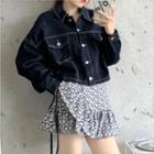 Pocket-detail Long-sleeve Denim Jacket / High-waist Print A-line Mini Skirt