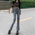 High Waist Lace-up Washed Slit Flared Jeans
