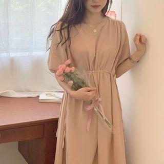 Short-sleeve Linen Midi Dress Pink - One Size