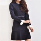 Chiffon-cuff Pleats Mini Dress With Belt