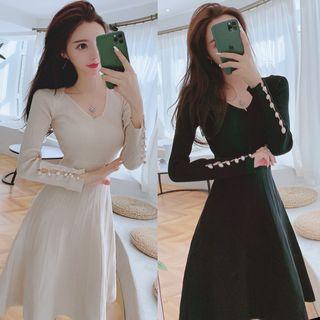 Faux Pearl A-line Midi Knit Dress