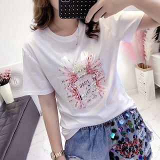 Short-sleeve Sequined Perfume Print T-shirt