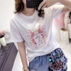 Short-sleeve Sequined Perfume Print T-shirt