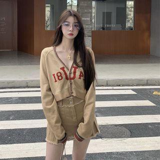 V-neck Lettering Button-up Cropped Cardigan / High-waist Plain A-line Mini Skirt