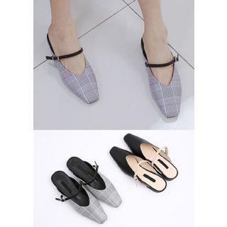 Square-toe Glen-plaid Flat Mules