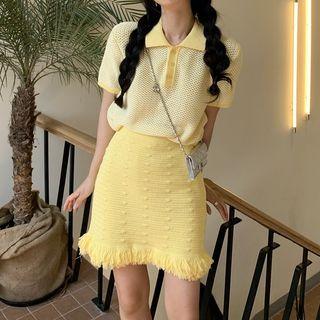 Short-sleeve Knit Polo Shirt / Mini Pencil Skirt