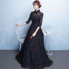 Elbow-sleeve Lace A-line Evening Gown / Mini Prom Dress / Midi Prom Dress