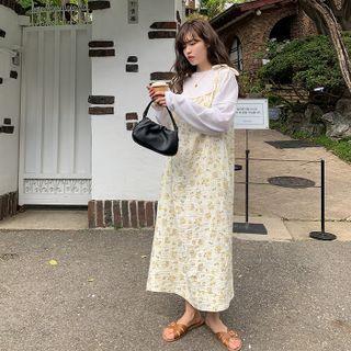 Strap-shoulder Floral Long Dress Yellow - One Size